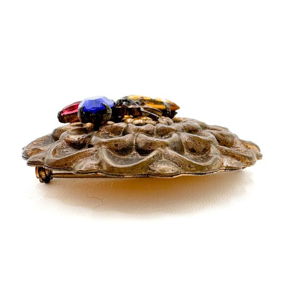 Gold Tone Floral Butterfly Brooch Likely Czech Art Glass Multi-Color c 1930s-40s - Picture 11 of 13